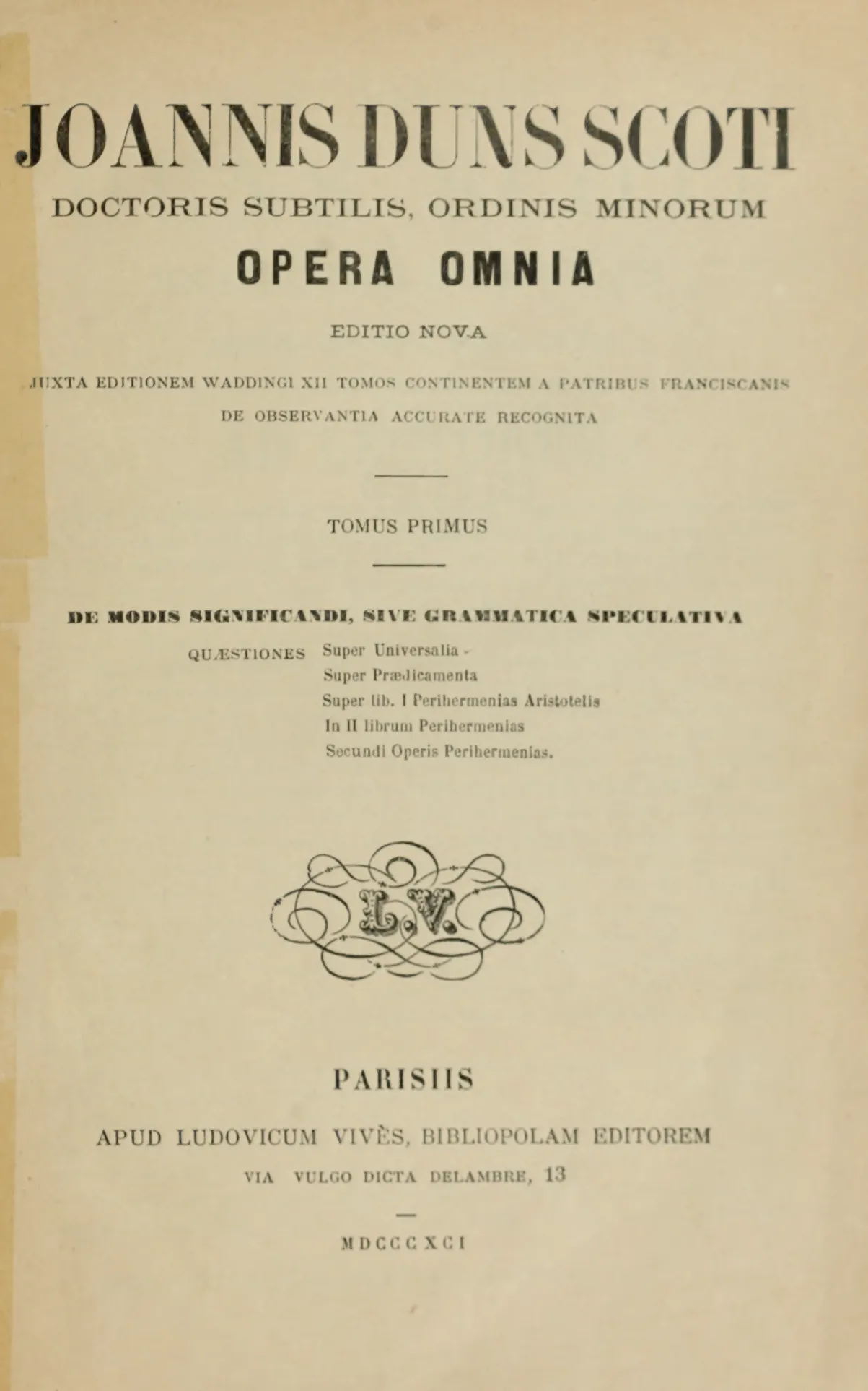 John Duns Scotus, Opera Omnia, volume 1, 1891 title page